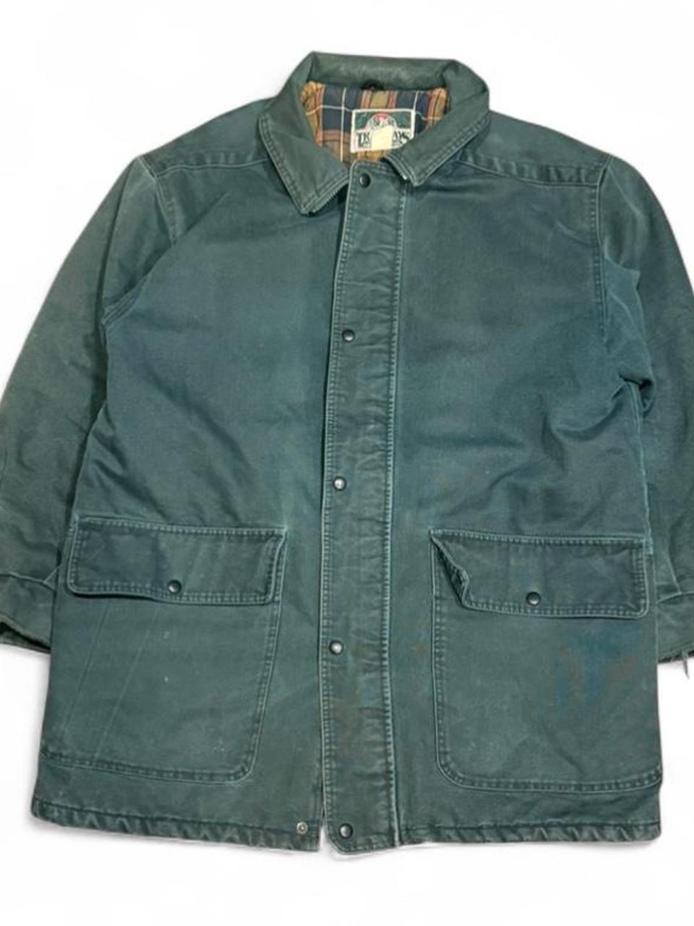 Vintage 90s Trailways Plaid Lined Green Canvas Chore Coat Made in Canada